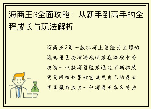 海商王3全面攻略：从新手到高手的全程成长与玩法解析